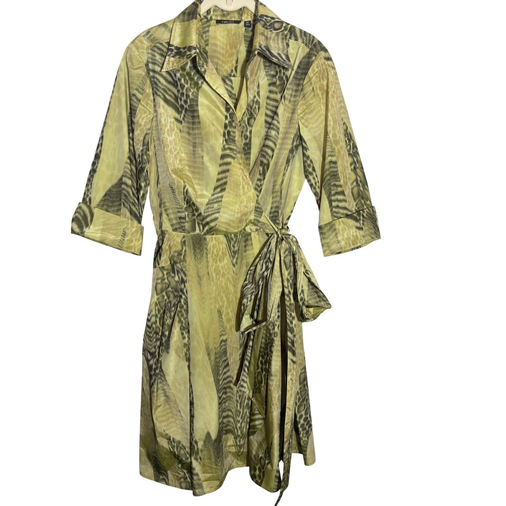 Carlisle Womens Chartreuse Animal Print Wrap Dress Olive Green Size 6 Collared
